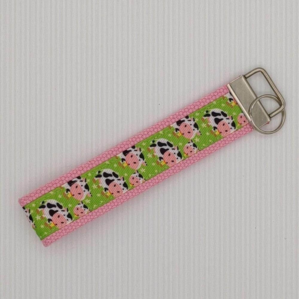 Cow Keychain Wristlet Fabric Key FOB Cotton Webbing Farm Animal Farmhouse‎ Gift